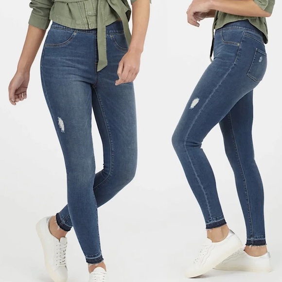 Spanx High Rise Tummy Control Released Hem Distressed Denim Jeans - Size M - Picture 1 of 11